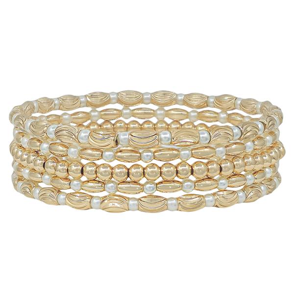 Oval Textured Metal CCB With Pearl Bracelet 5 Set