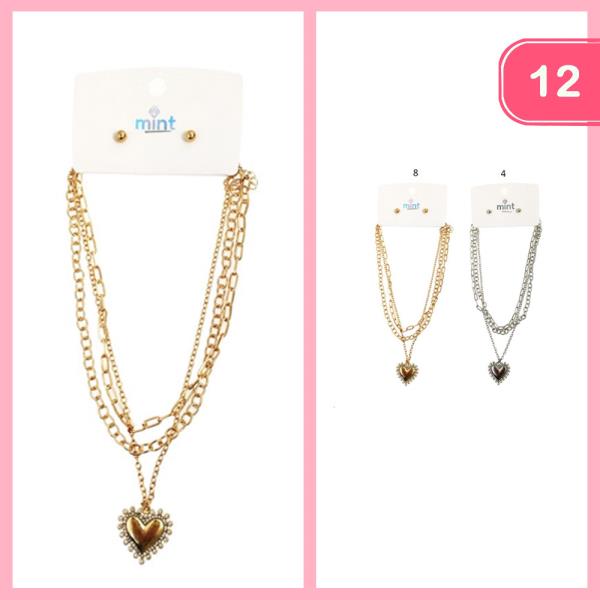 Heart Pendant Necklace Earring Set (12 Units)