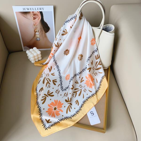 Flower Silky Bandana Square Neck Scarf