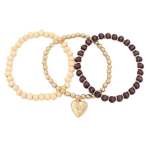 Wood Bead Heart Sun Stretchable Bracelet 3 Pcs
