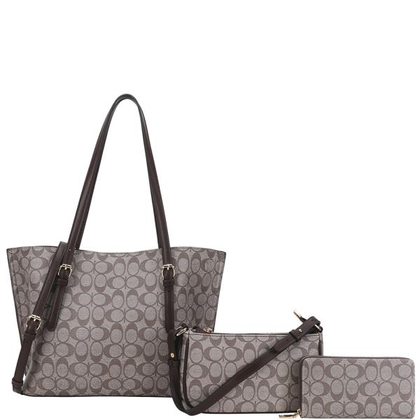 3IN1 OVAL PRINT SHOULDER TOTE BAG W CROSSBODY AND WALLET SET