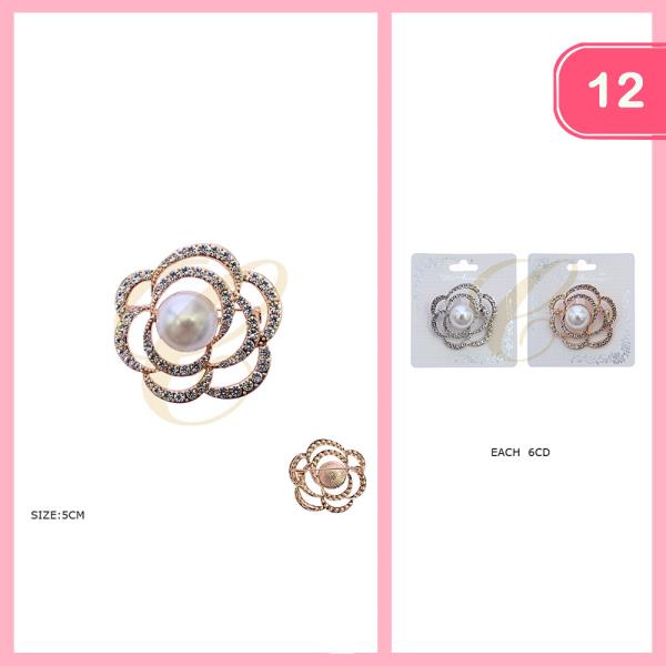 Rhinestone Pearl Flower Brooch (12 Units)