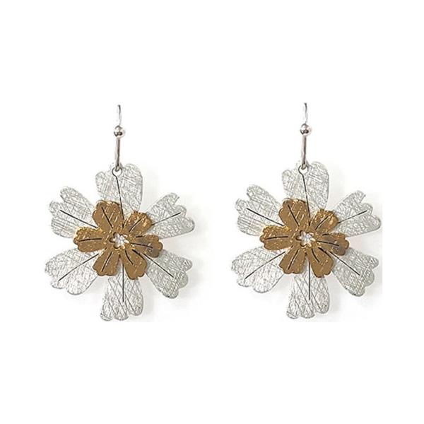 Brass Burnished Metal Two Tone Flower Drop Earring