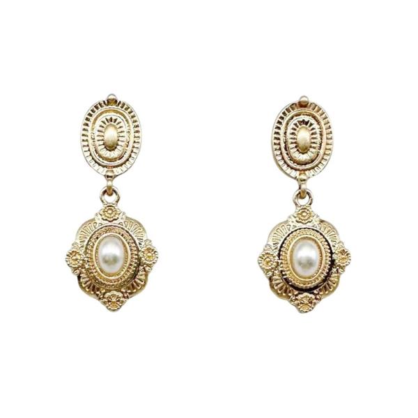 Metal Pearl Oval Drop Earring