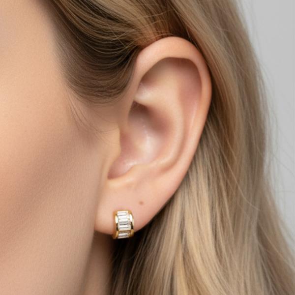14K Gold Dipped Baguette Huggie Stud Earring CZ