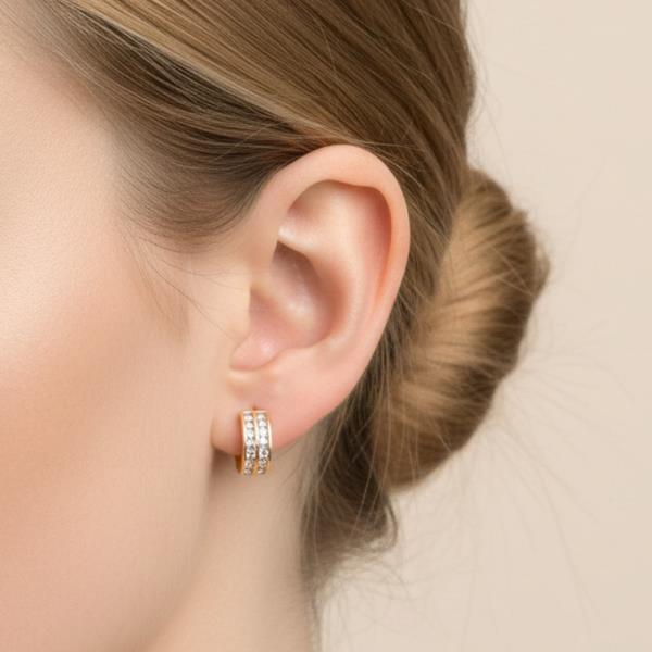 14K GOLD WHITE GOLD DIPPED WATER RESISTANT BAGUETTE HUGGIE HOOP EARRING WITH CZ PAVE