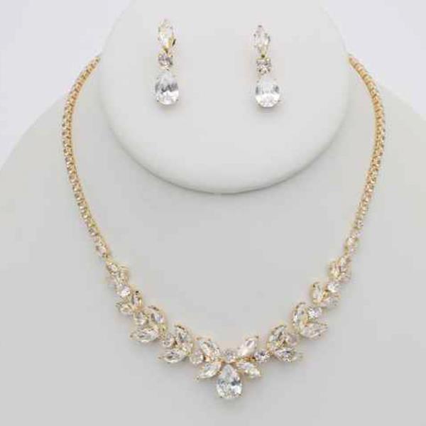 CZ Crystal Leaf Cluster Necklace Earring Set