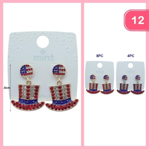 Rhinestone American Flag Hat Earrings (12 Units)