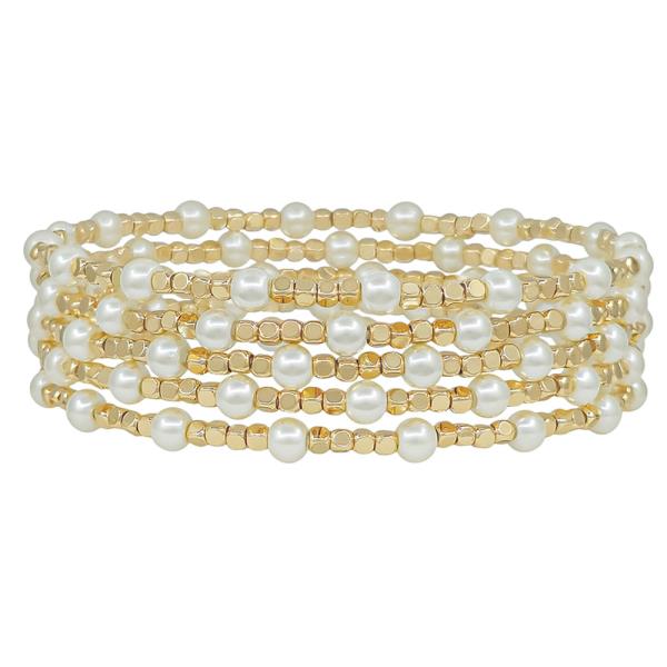5 SET 4MM PEARL 2MM SQUARE METAL AC STRETCHED BRACELET