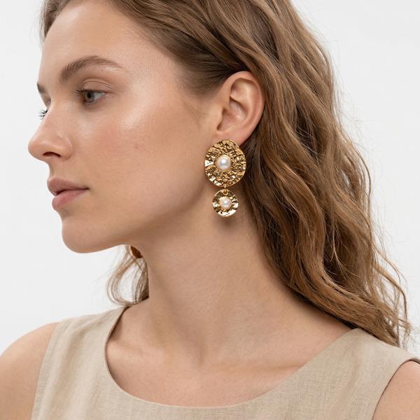 Metal Pearl Double Round Dangle Earring