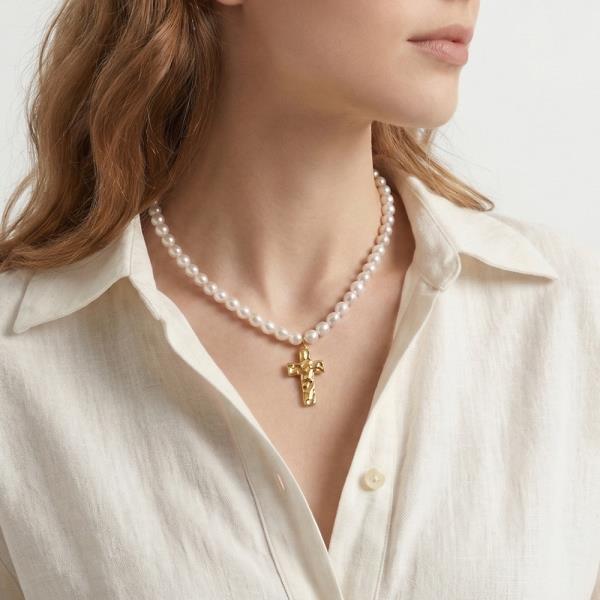 PEARL BEAD CROSS PENDANT NECKLACE