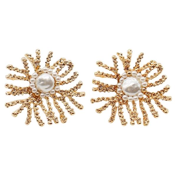 Textured Flower Motif W Pearl Post Earring