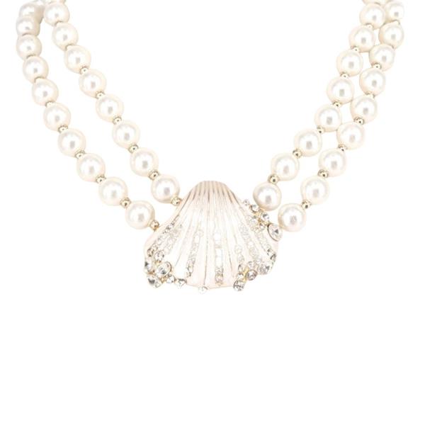Pearl Strand Rhinestone Shell Pendant Necklace