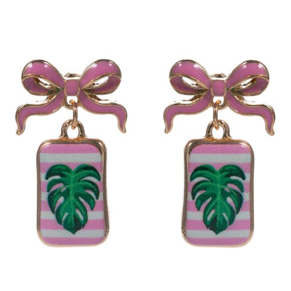 Bow Enamel Post W Monstera Printed Party Earrings