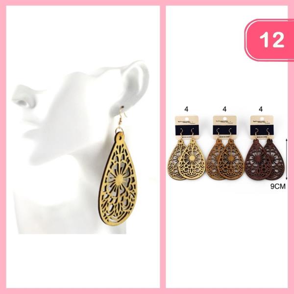 Wooden Flower Print Dangle Earrings (12 Units)
