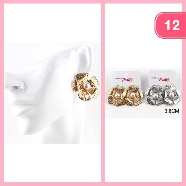 Metal Flower W Pearl Post Earring (12 Units)
