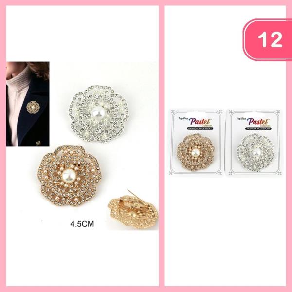 Rhinestone Pearl Flower Brooch (12 Units)