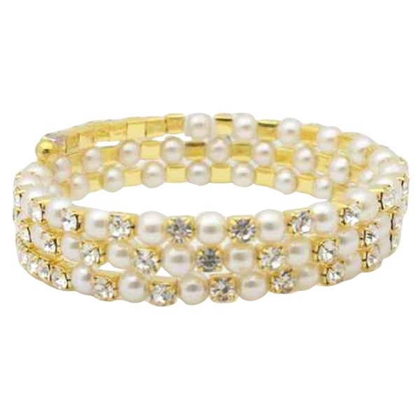 Rhinestone Pearl Metal Swirl Bangle Bracelet