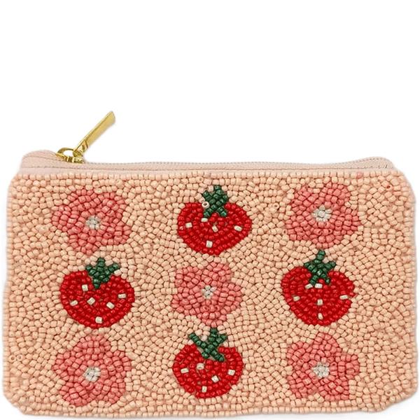 Seed Bead Strawberry Flower Coin Purse Bag