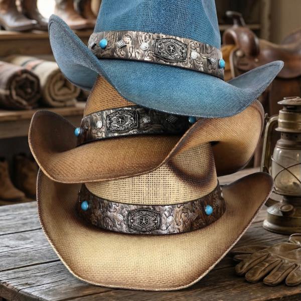 VINTAGE STRAW COWBOY HAT WITH RUSTIC PATTERN BAND