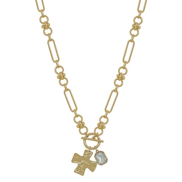 16" CLIP CHAIN LINK ACCENT TOGGLE CROSS CRYSTAL PENDANT SHORT NECKLACE