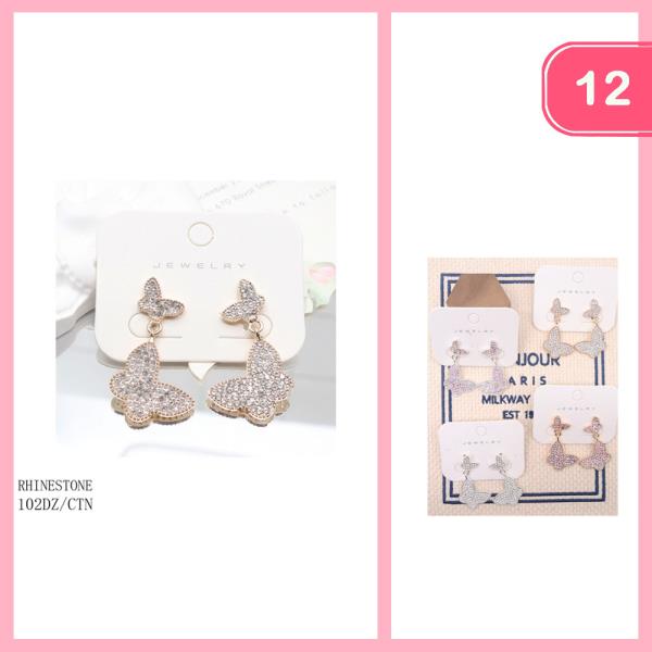 Rhinestone Butterfly Dangle Earrings (12 Units)