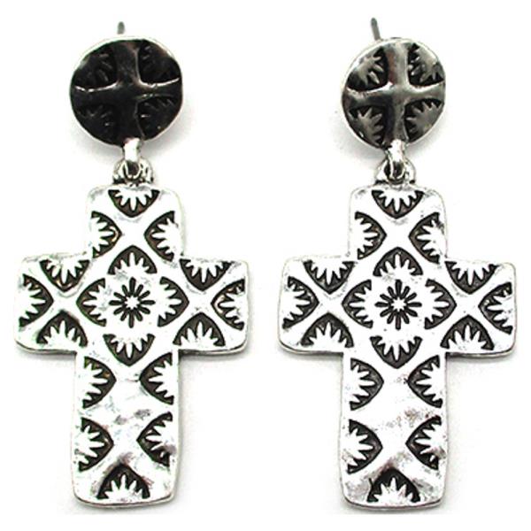 Western Etched Cross Earring