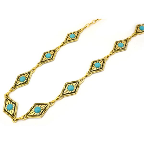 WESTERN METAL DIAMOND TURQUOISE STONE CHAIN BELT