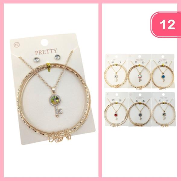 Rhinestone Key Necklace Earring Set (12 Units)