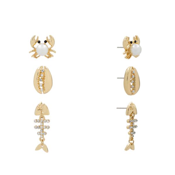 Sealife Crab Cowrie Fish Stud Earring (3 Pairs)