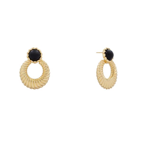 Metal Ribbed Oval Round Stone Drop Earring