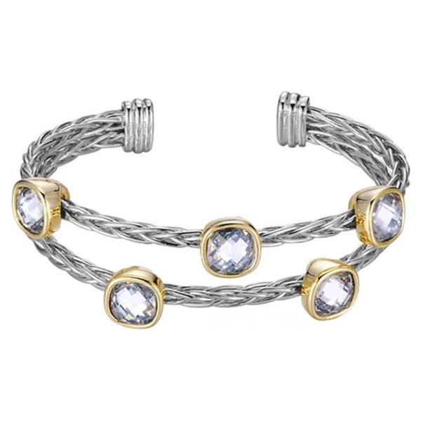 Two Tone Double Row Clear CZ Cuff Bracelet