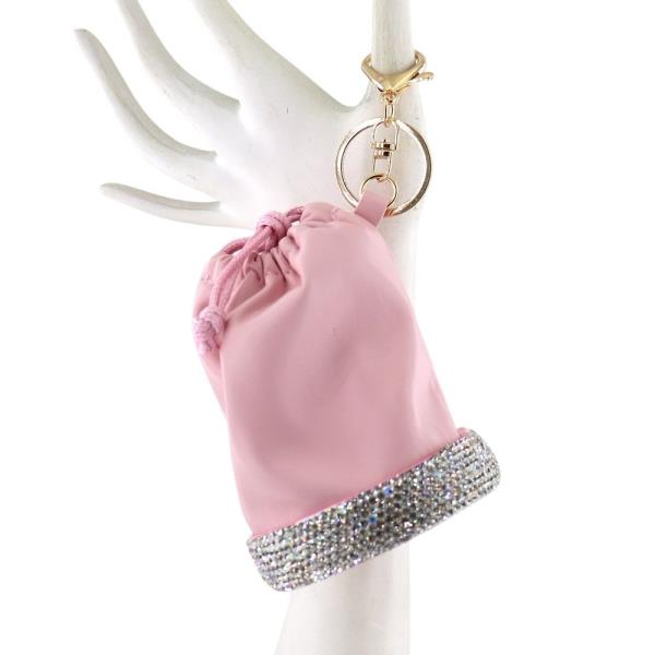 RHINESTONE TRIM MINI BUCKET POUCH BAG CHARM KEYCHAIN