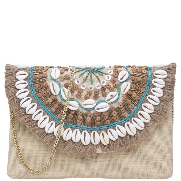 Embellished Boho Shell Bead Design Clutch Bag
