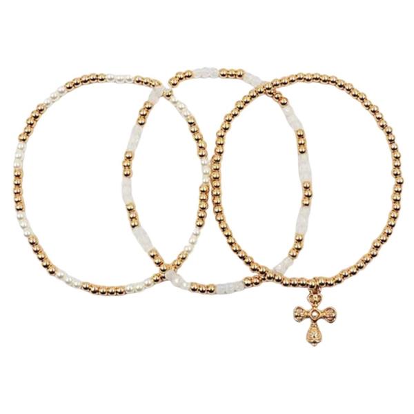 Cross Charm CCB and Pearl Stretch Bracelet