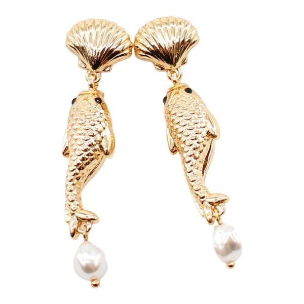 Shell Fish Pearl Dangle Post Earring