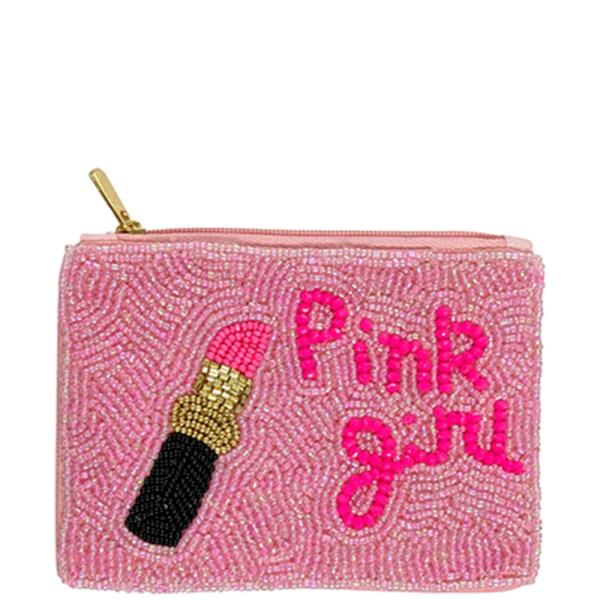 Seed Bead Lipstick Text Zip Coin Purse Bag