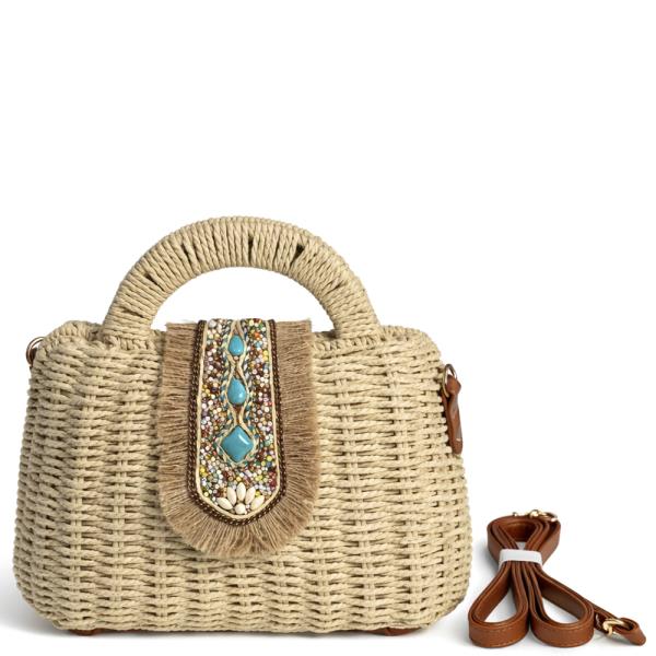WOVEN STRAW BOHEMIAN DECORATED STYLE HANDLE CROSSBODY BAG