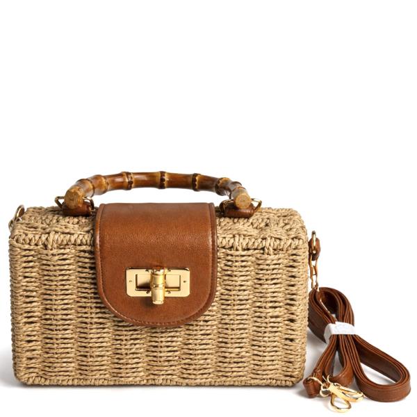 WOVEN STRAW BAMBOO TOP HANDLE CROSSBODY BAG