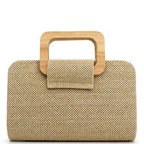 Woven Textured Wooden Handle Evening Bag