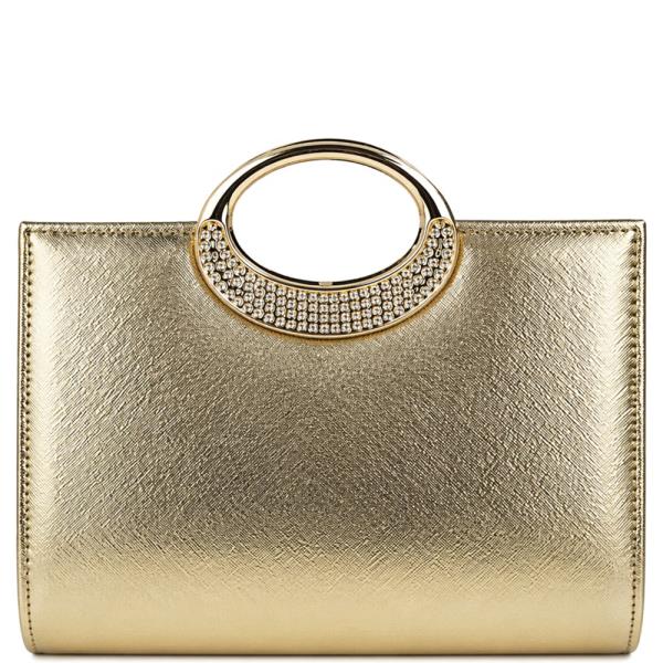 TEXTURED OVAL RHINESTONE HANDLE EVENING CLUTCH BAG