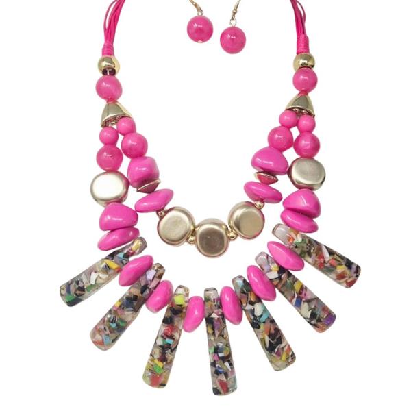 Stone Bead Bar Fringe Necklace Earring Set