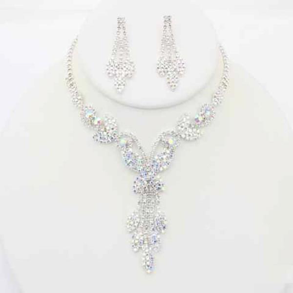 Rhinestone V Necklace Earring Set