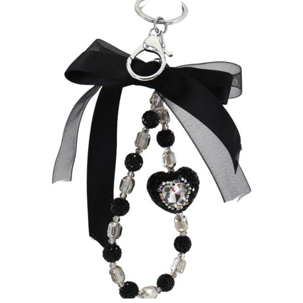 STONE HEART BEAD RIBBON BAG CHARM KEYCHAIN