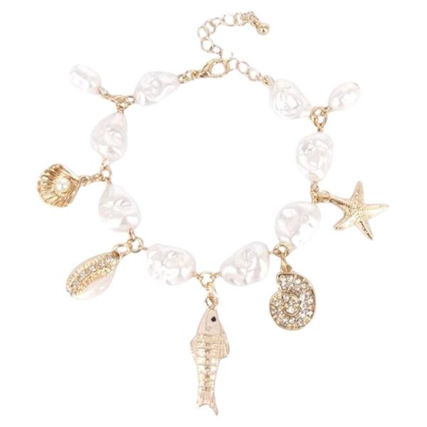 Sealife Fish Shell Metal Charm Stretch Bracelet