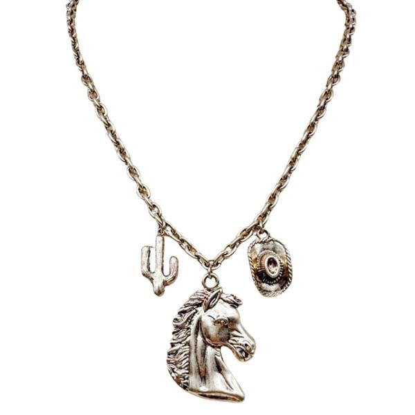 Metal Horse Cactus Cowboy Hat Charm Necklace