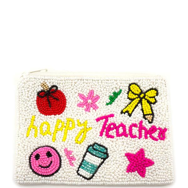 Seed Bead Happy Teacher Graphic Coin Purse Bag
