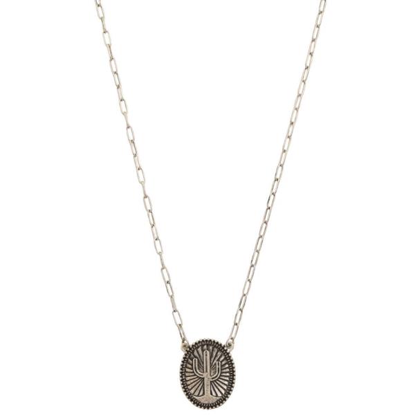 Western Oval Cactus Pendant Metal Necklace
