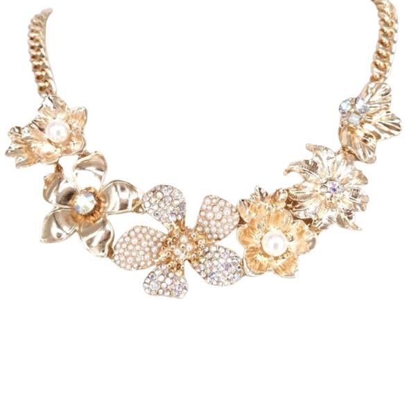Pearl Metal Flower Statement Necklace