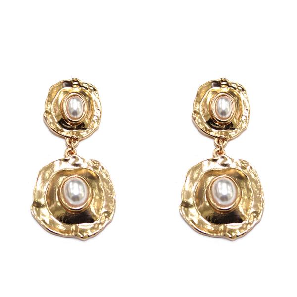 Metal Double Disc Pearl Drop Earring